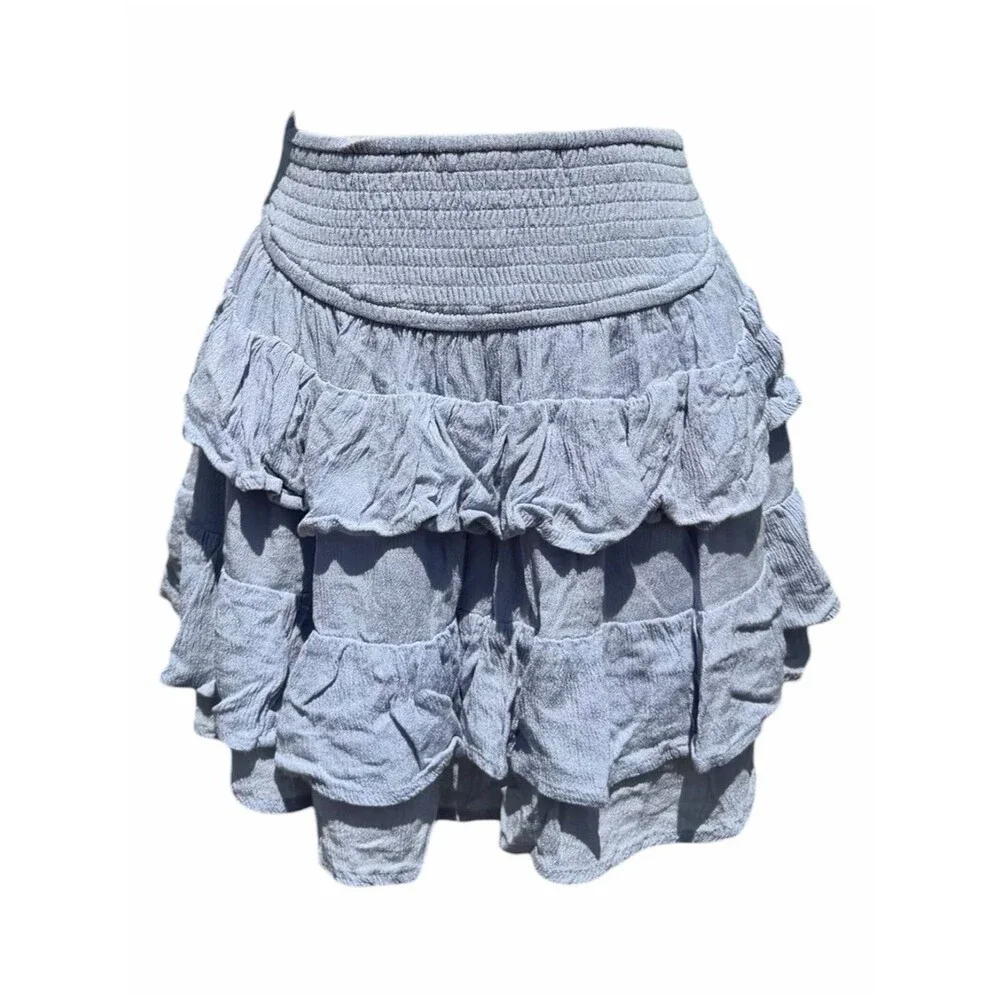 Hollister Tiered Ruffle Mini Skirt Blue Gray Medium Smocked Waist Boho Coquette